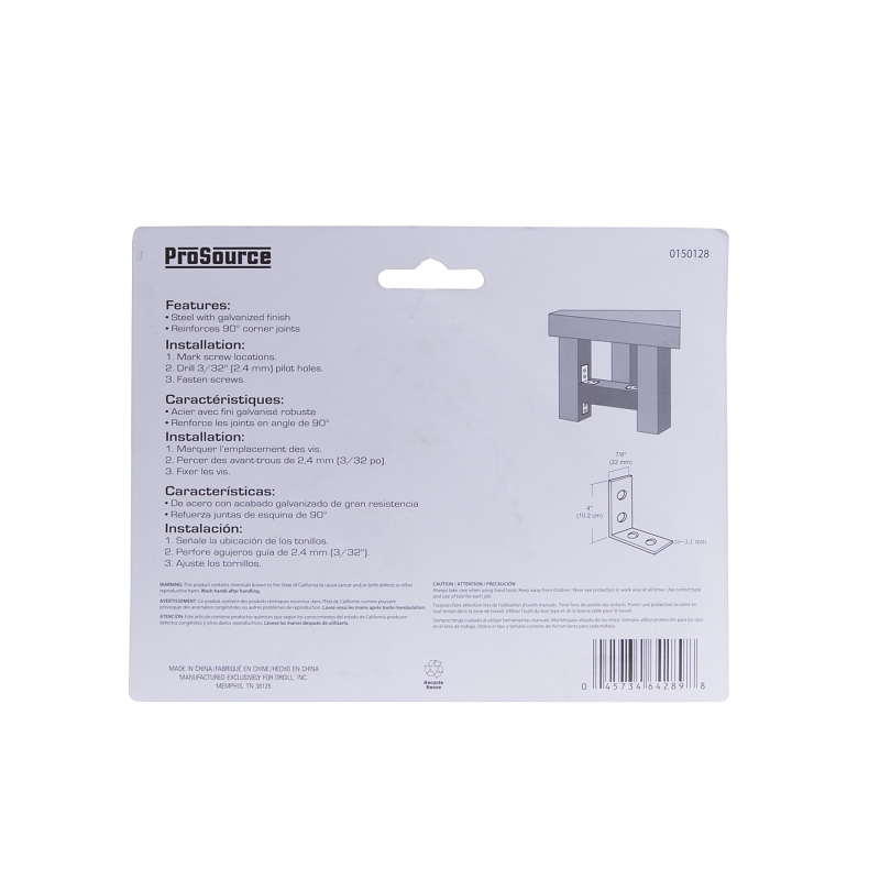 ProSource CB-G04-C4PS Corner Brace, 4 in L, 4 in W, 7/8 in H, Galvanized Steel, Galvanized, 3.1 mm Thick Material
